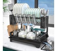 B-Land Dish Drying Rack, 2 Tier Dish Racks for Kitchen Counter, Large Dish Drying Rack with Drainboard & Utensil Holders, Rust-Proof Dish Drainers,Kitchen Organization