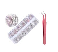 B Nail 1440 Pcs Rhinestones - 6 Sizes Flat Back AB Crystal Nail Art Gems with Tweezer for Face, Eye Makeup, Craft