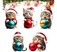 B Pack of 5 Cute Acrylic Cat Pendants - Christmas Tree Decoration Gift - Funny Christmas Cats Ornament