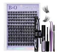 B&Q 5D Wispy Fluffy Cluster Lashes Kit 8-16mm Mix Eyelashes Individual Kit C Curl Lashes Individual Cluster Kit 144pcs Soft Layered False Eyelashes with Waterproof Bond and Seal(Feath5D 02 Kit）