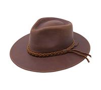 B&S Premium Leather Fedora - Wide Brim Hat Leather - Water Resistant - Mid Brown (Size 60)