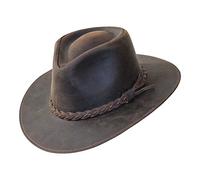 B&S Premium Leather Fedora - Wide Brim Leather Hat - Water Resistant - Dark Brown (Size XL)