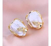 (B) Seniko Big Natural Freshwater Pearl Earrings Geometry Design Fashion Earrings For Women Leaf Cubic Zirconia Baroque Pearl Stud Earrings Girl Gift