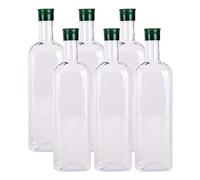B SEPOR 6 Pack 1000ml Clear Quadra PET Empty Bottles 1 Quart Olive Oil Plastic Bottle with Caps (33.8 Fl Oz) - Long Neck Square Wine Bottles for Plant Watering Globe