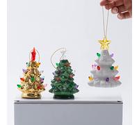 B SEPOR Set of 3 Mini 4.5" Inch Nostalgic LED Ceramic Christmas Tree with Lights Xmas Tree That Light Up Hanging Ornaments White Golden Green Assorted for Holiday Decoration and Gifts