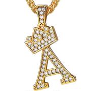 (B Silver, One size) Crown Initial A-Z Necklace, Iced Out Letter Pendant with 22-24 Inch Chain, Men Women Bling Hip Hop Alphabet Name Jewelry Gift Big Initials Necklaces C