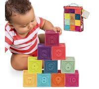 B. toys One Two Squeeze, 10 Soft Stacking Blocks, Blocks - 2, Baby | 10 soft building blocks with numbers, shapes, animals, textured sides, and a reusable fabric bag for storage, Baby, 6+ Months