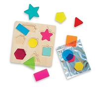 B. toys Rainbow Stack 'n' Sort Shape Sorting Puzzle, Color Combos | Wooden board with 14 geometric shapes in solid and translucent color pairs, plus storage bag for sorting and, 18+ Months