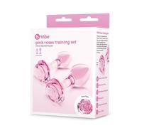 B-Vibe Pink Roses Glass Butt Plug 2 Piece Anal Sex Training Set Kit 3 & 4.8 Inch