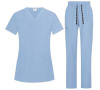 B-well Bella Women's Scrub Set, Slip-On Tunic and Slip-On Trousers Set, Medical Doctor Uniform, Slip-On Jacket, Top with Trousers, Medical Work Wear with Elastane, lightblue, XXL