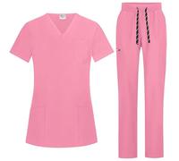 B-well Bella Women's Scrub Set Slip-On Tunic + Slip-On Trousers Set Medical Doctor Uniform Slip-On Jacket Top with Trousers Medical Work Wear with Elastane, Candy pink, XL