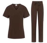 B-well Bella Women's Scrub Set Slip-On Tunic + Slip-On Trousers Set Medical Doctor Uniform Slip-On Jacket Top with Trousers Medical Work Wear with Elastane, brown, XXL