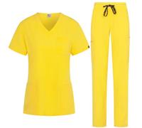 B-well Bella Women's Scrub Set Slip-On Tunic + Slip-On Trousers Set Medical Doctor Uniform Slip-On Jacket Top with Trousers Medical Work Wear with Elastane, yellow, XXL