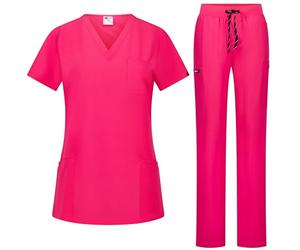B-Well Bella Women's Scrub Tunic + Trousers Set with Slip-On Jacket and Elastane, Pink, XS