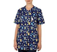 B-well Carina Medical Uniforms & Scrubs with Prints Professional Healthcare Scrub Top with Pattern and Snap Buttons - Blue - Large