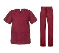 B-well Cesare Unisex Scrub Set Slip-On Tunic + Pull-On Trousers Set Medicine Doctor Uniform Slip Jacket Top with Trousers Medical Work Wear - Red - Medium