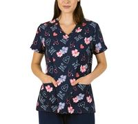 B-well Isabella Print Scrub Top with Spandex Medical Uniforms & Scrubs with Short Sleeve and V-Neck, Heroes, XS