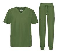 B-well Matteo Men's Scrub Set Slip-On Tunic + Jogging Trousers Set Medical Doctor Uniform Medical Work Wear with Elastane, olive, L