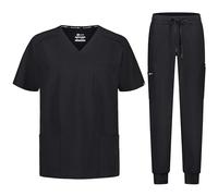 B-well Matteo Men's Scrub Set Slip-On Tunic + Jogging Trousers Set Medical Doctor Uniform Medical Work Wear with Elastane, black, XL