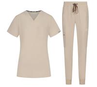 B-well NAOMI Women's Scrub Set Slip-On Tunic + Slip-On Trousers Set Medical Doctor Uniform Slip Jacket Top with Trousers Medical Work Wear with Spandex, sand, L