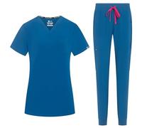 B-well NAOMI Women's Scrub Set Slip-On Tunic + Slip-On Trousers Set Medical Doctor Uniform Slip Jacket Top with Trousers Medical Work Wear with Spandex, Caribbean, XL