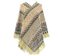 B Winter 2024 Retro Ethnic Knit Poncho Ladies Poncho with Fringed Hem Ladies Knitted Shawl Wrap Autumn Crochet Cape Shawl Wrap Long Sweater Top Christmas Holiday Festival (One Size)