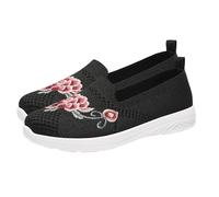B0_Black_Flower Embroidery Ladies Low Top Slip on Trainers Knitting Flat Shoes Comfort Breathable Mesh Round Toe Tennis Walking Shoes UK 5