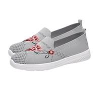 B0_Grey_Flower Embroidery Ladies Low Top Slip on Trainers Knitting Flat Shoes Comfort Breathable Mesh Round Toe Tennis Walking Shoes UK 6.5