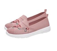 B0_Pink_Flower Embroidery Ladies Low Top Slip on Trainers Knitting Flat Shoes Comfort Breathable Mesh Round Toe Tennis Walking Shoes UK 4.5