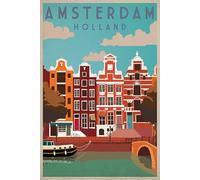 B003A Amsterdam Holland Vintage Travel Poster Fridge Magnet, Retro Canal Houses Design