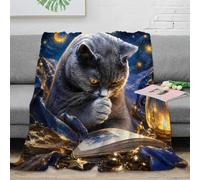 B1M7H4E9S Starry Cat 3D Microfiber Throw Blanket Soft Fleece Sofa Decor | 80×90inch plush microfiber touch lightweight warmth sofa bed accent cat art print cozy layer reading nook gift