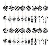 B1ykin 41Pcs Christmas Black White Candy Cane Sugar Wooden Hanging Decoration, Xmas Tree Peppermint Lollipop Ornament Set, Wood Craft Decor Winter Holiday Christmas Party Supplies for Home Fireplaces