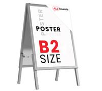 B2 size, double-sided, snap frame A-board in a silver aluminium frame