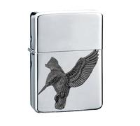 B22 Hovering Kingfisher BLACK FINISH fine English Pewter on a chrome silver wind proof ligher flip top petrol refillable
