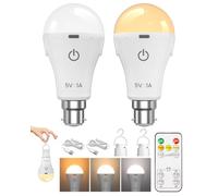 B22 Rechargeable Light Bulb with Remote Control, 3 Color & Dimmable, USB Rechargeable Emergency Light, 2600mAh Battery Up to 24H - No Wiring Needed for Power Cuts, Camping, Stairs(A60, 2 PK)