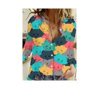 (B25SHH24417182915, L) 2024 Fashion Women's Shirts and Tops Cute Cat Print Button Casual Long Sleeve Shirts for Summer Women's Shirts