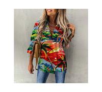 (B25SLCZ3413147, L) Summer Women's Hawaiian Shirts Flamingo Print Beach Party Shirts Button Down Fashion Long Sleeve Shirts Oversized Streetwear