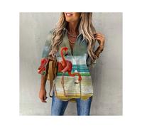 (B25SLCZ3413149, L) Summer Women's Hawaiian Shirts Flamingo Print Beach Party Shirts Button Down Fashion Long Sleeve Shirts Oversized Streetwear