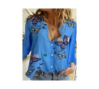 (B25SLTHN232417D, XL) Simple Long-Sleeved Womens Shirts Fall Polo Collar Button Down Shirt Elegant Butterfly Dandelion Oversized Loose Blouse Clothing