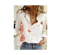 (B25SLTHN232417K, L) Simple Long-Sleeved Womens Shirts Fall Polo Collar Button Down Shirt Elegant Butterfly Dandelion Oversized Loose Blouse Clothing