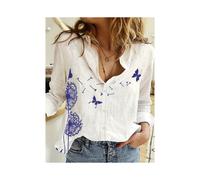 (B25SLTHN232417L, 5XL) Simple Long-Sleeved Womens Shirts Fall Polo Collar Button Down Shirt Elegant Butterfly Dandelion Oversized Loose Blouse Clothing