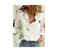 (B25SLTHN232417M, 5XL) Simple Long-Sleeved Womens Shirts Fall Polo Collar Button Down Shirt Elegant Butterfly Dandelion Oversized Loose Blouse Clothing