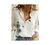 (B25SLTHN232417N, 3XL) Simple Long-Sleeved Womens Shirts Fall Polo Collar Button Down Shirt Elegant Butterfly Dandelion Oversized Loose Blouse Clothing