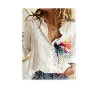 (B25SLTHN233011C, 3XL) Simple Long-Sleeved Womens Shirts Fall Polo Collar Button Down Shirt Elegant Butterfly Dandelion Oversized Loose Blouse Clothing