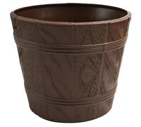 B2C Barrel Look Planter Flower Pot Rustic Wood Effect Plastic Round Indoor Outdoor Garden Tub Flowerpot Pation Home Decor Weather Resistant Container (Brown, 18L (D34cm H28.5cm))