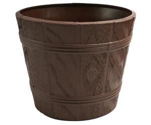 B2C Barrel Look Planter Flower Pot Rustic Wood Effect Plastic Round Indoor Outdoor Garden Tub Flowerpot Pation Home Decor Weather Resistant Container (Brown, 18L (D34cm H28.5cm))