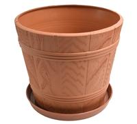 B2C Barrel Look Planter Flower Pot with Saucer Plastic Wood Effect Plastic Round Indoor Outdoor Weather Resistant Flowerpot Tub Textured Matching Drip Tray (Terracotta, 18L (D34cm H29cm))
