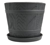 B2C Barrel Look Planter Flower Pot with Saucer Plastic Wood Effect Plastic Round Indoor Outdoor Weather Resistant Flowerpot Tub Textured Matching Drip Tray (Anthracite, 2.1L (D17cm x H15cm))