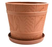 B2C Barrel Look Planter Flower Pot with Saucer Plastic Wood Effect Plastic Round Indoor Outdoor Weather Resistant Flowerpot Tub Textured Matching Drip Tray (Terracotta, 1.3L (D15cm H13.5cm))