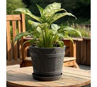 B2C Barrel Planter Flower Pot With Saucer Wood Effect Plastic Round Indoor Outdoor 2.1L (D17Cm X H15Cm) Anthracite
